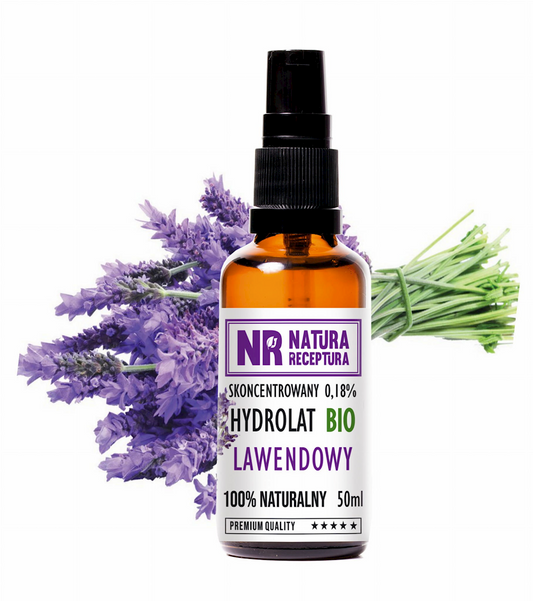 Lavendel-Hydrolat in 50ml Flasche von NATURA RECEPTURA, zeigt die transparente Flüssigkeit in einer eleganten Verpackung.