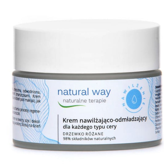 Feuchtigkeits- und Verjüngungscreme von NATURAL WAY in 50 ml, weiße Verpackung mit Creme in einem Tiegel.