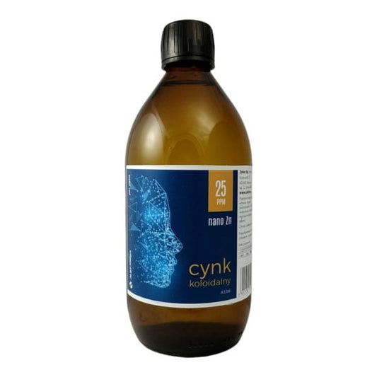Nichtionisches kolloidales Zink von ZOKE in 500 ml Flasche, zeigt die klare Flüssigkeit und die Produktverpackung.