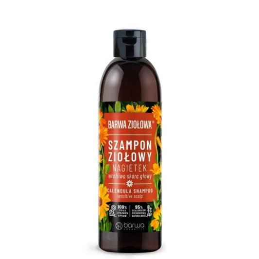 Barwa Ringelblumen Shampoo in 250 ml Flasche, zeigt die Verpackung mit Ringelblumen-Design und Produktbeschreibung
