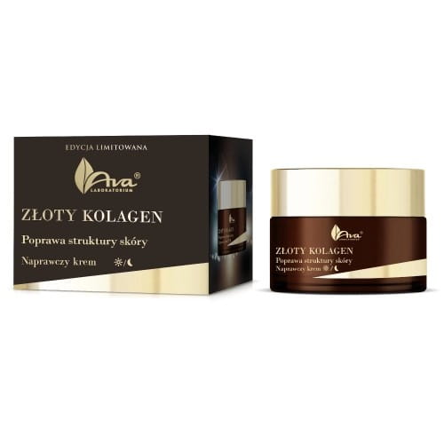 AVA Golden Collagen Repair Creme in 50 ml, cremige Textur und goldene Verpackung, für intensive Hautpflege