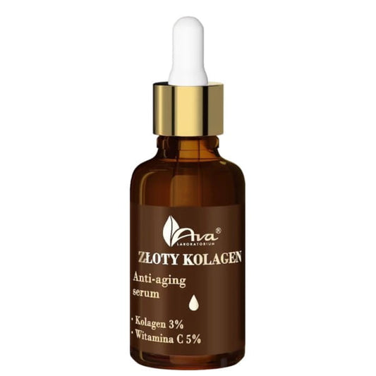 Flasche mit 30 ml AVA Golden Collagen Serum von AVA LABORATORIUM, Anti-Aging Pflege in einer modernen Verpackung