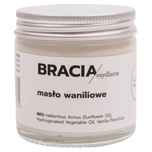 Seifenbrüder Vanillebutter Handseife in 60 ml Flasche von BRACIA MYDLARZE, cremige Textur und Vanilleduft sichtbar.