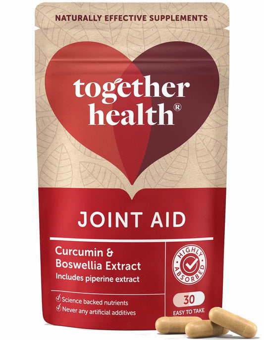 Joint Aid mit Curcumin und Boswellia-Extrakt in 30 Kapseln, zeigt die Kapseln in einer Blisterverpackung.