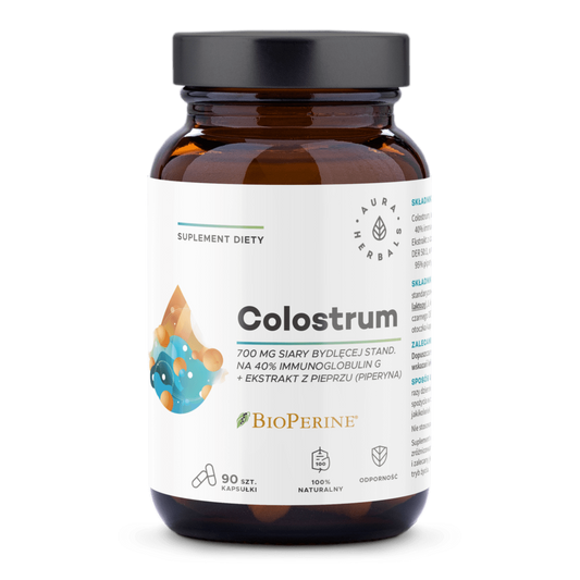 Kapseln mit 700 mg Kolostrum und BioPerine von AURA HERBALS, 90 Stück, Nahaufnahme der schwarzen Kapseln in einer Packung