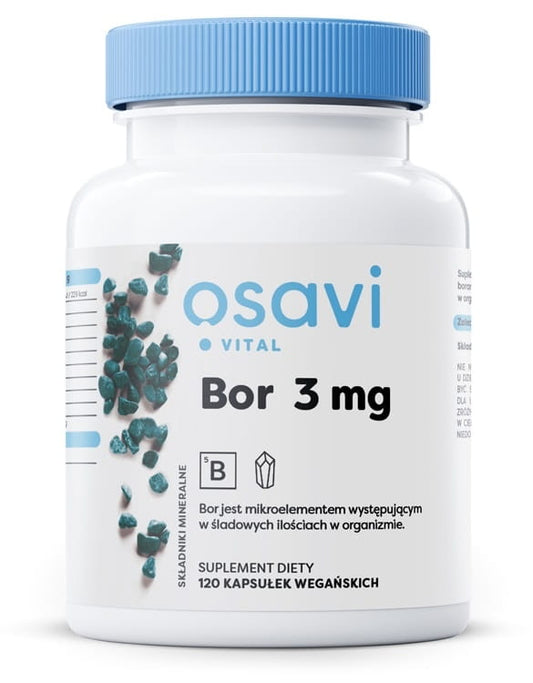 OSAVI Bor 3 mg Kapseln, 120 Stück, Nahaufnahme der Verpackung und Kapseln, Nahrungsergänzungsmittel von Osavi