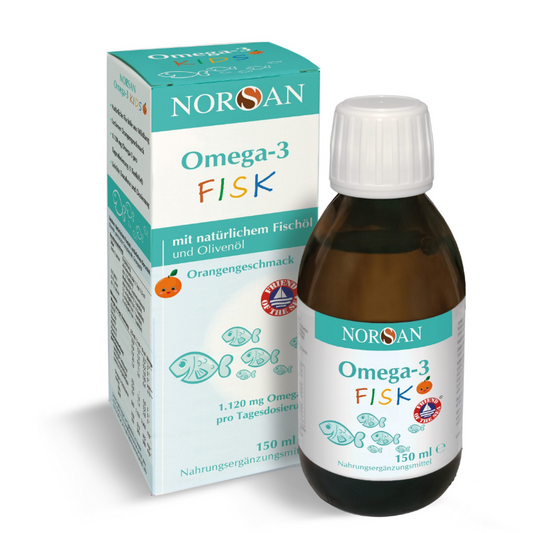 Norsan Omega-3 Fischöl Flasche, 150 ml, mit goldener Kappe und transparentem Flaschenetikett, zeigt das Produkt im Fokus