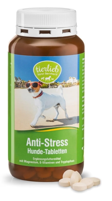 Hund mit entspanntem Ausdruck, Antistress-Tabletten für Hunde von Tierlieb, 340 Stück, natürliche Beruhigungshilfe