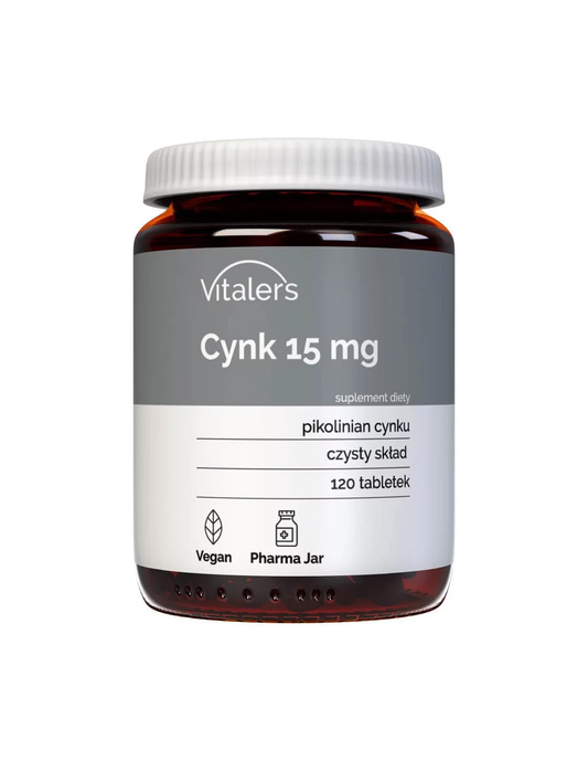 Vitaler's Zink 15 mg Tabletten, Packung mit 120 Tabletten, zeigt die Verpackung und die Tabletten in einer offenen Packung