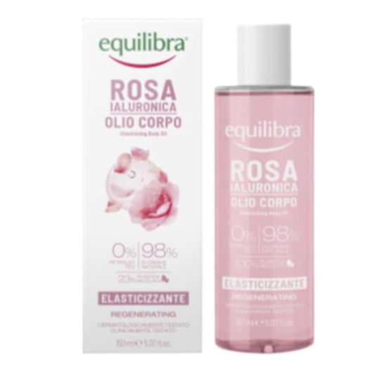 Equilibra Rose Körperöl in 150 ml Flasche, zeigt die transparente Textur und die elegante Verpackung mit Rosenmotiv.