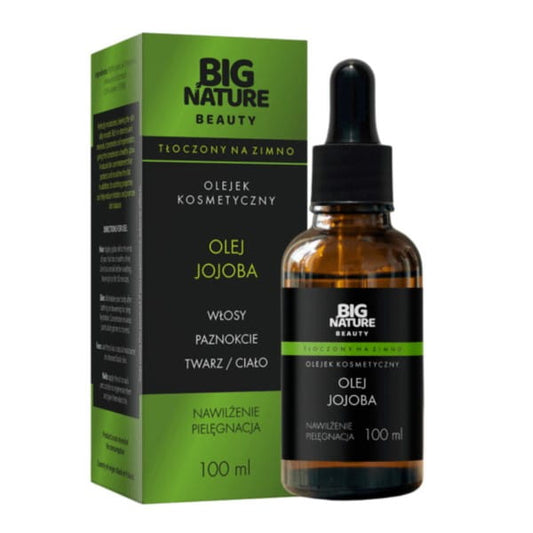 Große Flasche Big Nature Jojobaöl, 100 ml, mit natürlichem Jojobasamenöl in einer transparenten Flasche, auf weißem Hintergrund