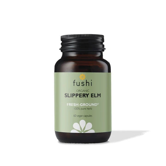 Fushi Bio Schlüpfrige Ulme Kapseln in einer geöffneten Packung, zeigt die braunen Kapseln und die Produktverpackung.