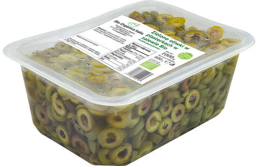 Grüne Bio-Oliven in Glas in Plasterölen, BIO ORGANICA ITALIA, 1000 g Packung, Blick auf die Oliven in Salzlake