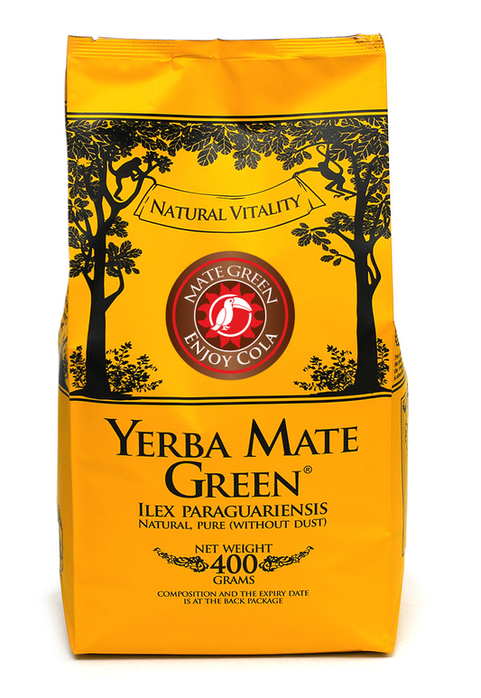 Bio Yerba Mate Green Enjoy Cola in 400 g Pack, frisch und grün, mit natürlichem Mate-Geschmack in einer ansprechenden Verpackung