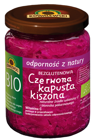 KOWALEWSKI Bio rote Sauerkraut ohne Gluten in 400 g, frisch und natürlich, in einer offenen Glasdose.