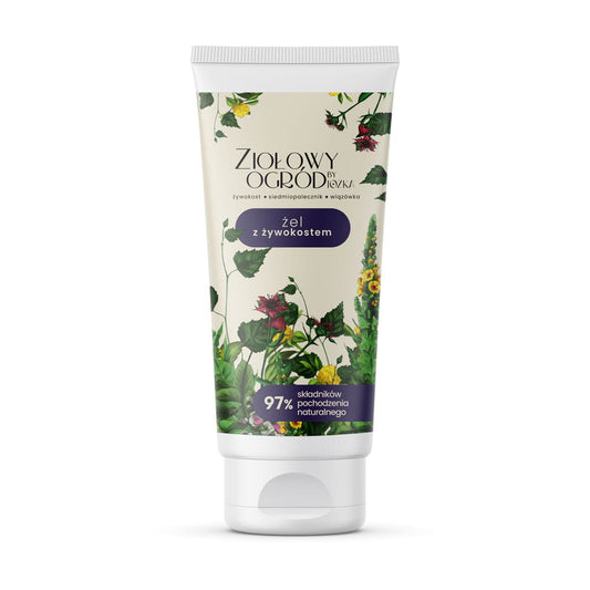Ziołový HYVOCOLIC GEL von DARY NATURY in 250 ml Flasche, pflanzliches Naturprodukt mit grünen Kräutern auf weißem Hintergrund