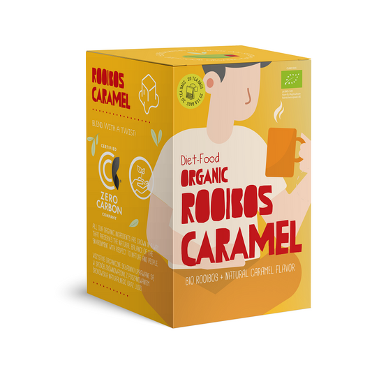 Bio Rooibos Caramel Tee von DIET FOOD, 20 Beutel à 1,5 g, zeigt einzelne Teebeutel mit aromatisiertem Rooibos in Verpackung
