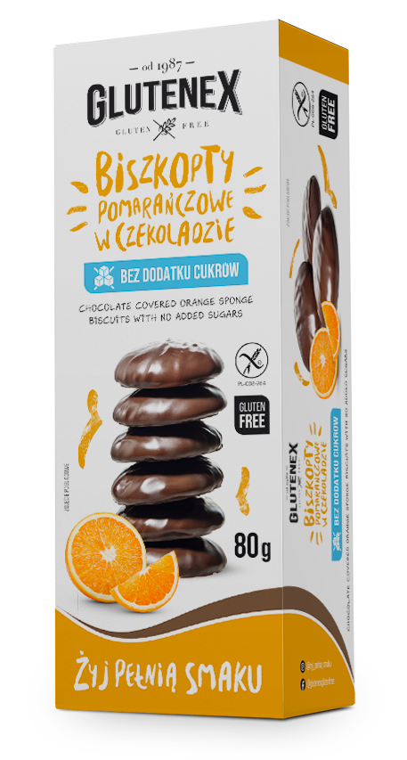 ORANGEN-LIEBESKUCHEN IN SCHOKOLADE OHNE ZUCKERZUSATZ, GLUTENFREI, 80 g – GLUTENEX MHD: 11-2026