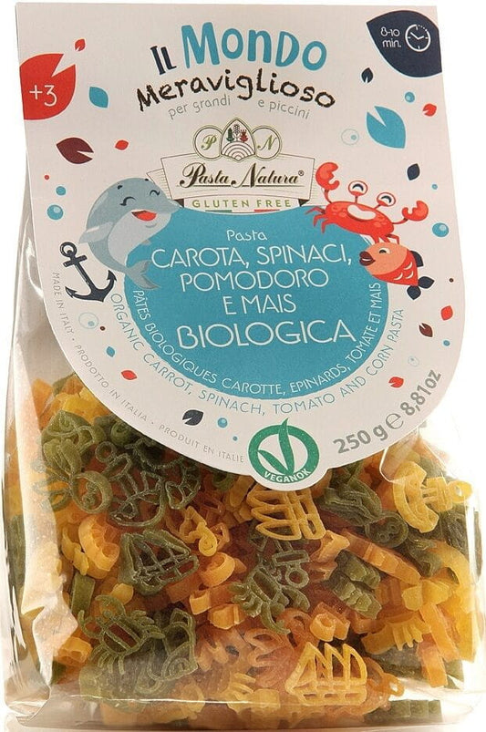 Kinder-Ozean Guelutenfreie Kinder-Makkaroni, Bio, 250 g, Pasta Natura, mit bunten Pastastücken in der Packung.