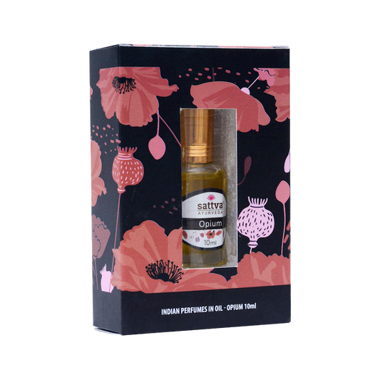 Sattva Opium Parfümöl im Roll-On, 10 ml, mit ayurvedischen Duftnoten, in einer transparenten Flasche auf weißem Hintergrund