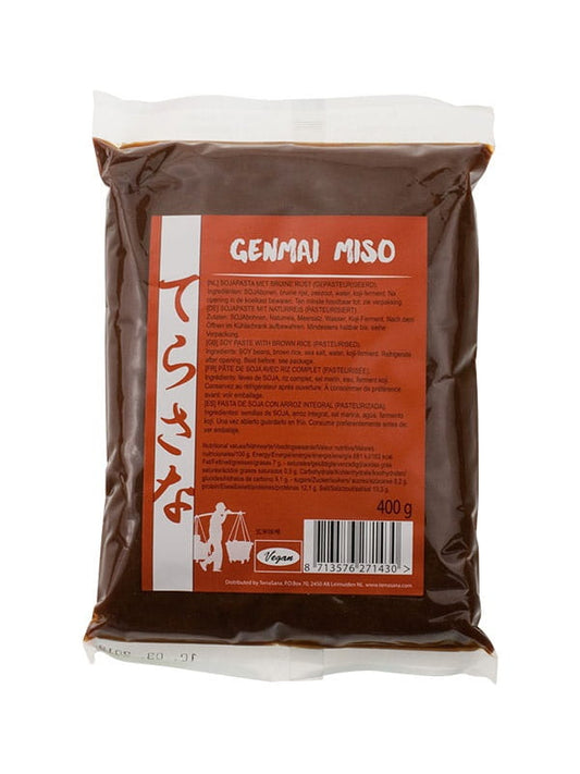 Bio Miso Genmai mit Soja- und Korreispasse, 400 g von Terrasana, in einer Packung mit weißem Miso und Reiskörnern.