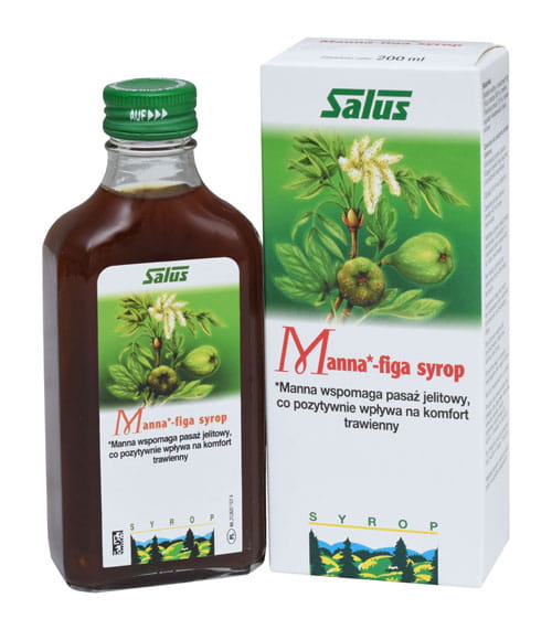 Salus FIGA MANNUTE Jesion Sirup in 200 ml Flasche, glutenfrei, mit frischen Zutaten, zeigt die Flasche vor einem weißen Hintergrund.