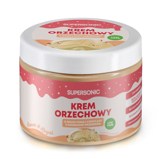 Weiße Schokoladen-Nuss-Creme mit gebrochenen Nussformen, 250 g, von SUPERSONIC, cremig und nussig in einem Glas.