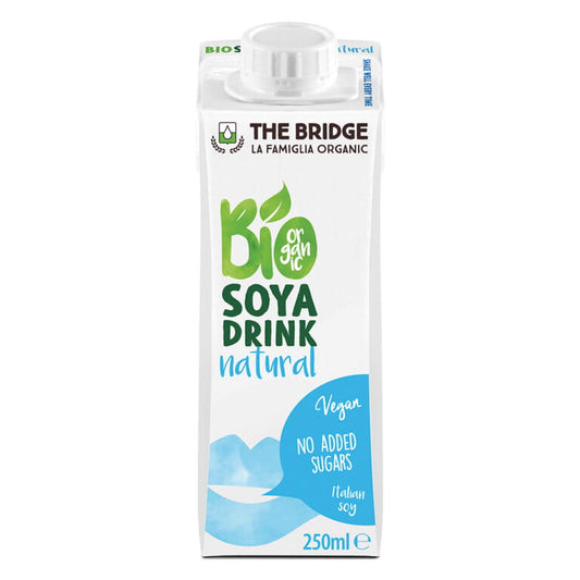 Glutenfreies, natürliches Bio-Soja-Getränk von THE BRIDGE in 250 ml Flasche, cremige Konsistenz, vegan und laktosefrei