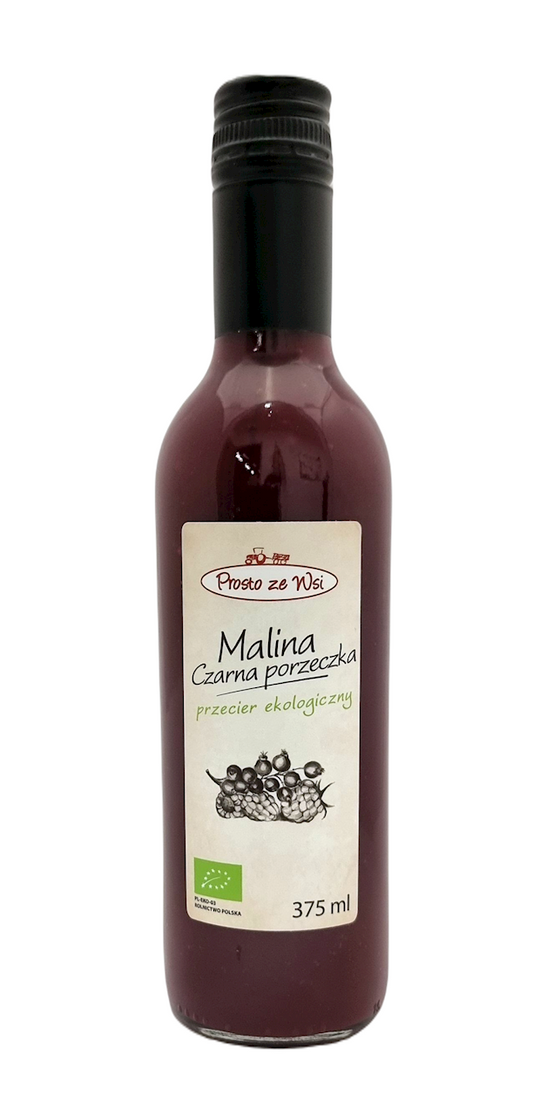 Bio Schwarzbeeren-Rosen-Raisin-Johannisbeersaft in 375 ml Flasche von PROSTO ZE WSI, dunkle Farbe und frische Früchte sichtbar