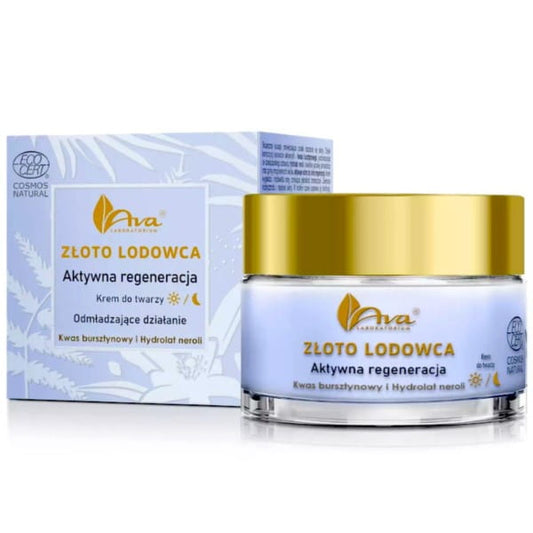 Hautregenerierende AVA Gletschergold Aktive Regenerationscreme in 50 ml Glasbehälter, sichtbarer goldener Farbton, für reife Haut