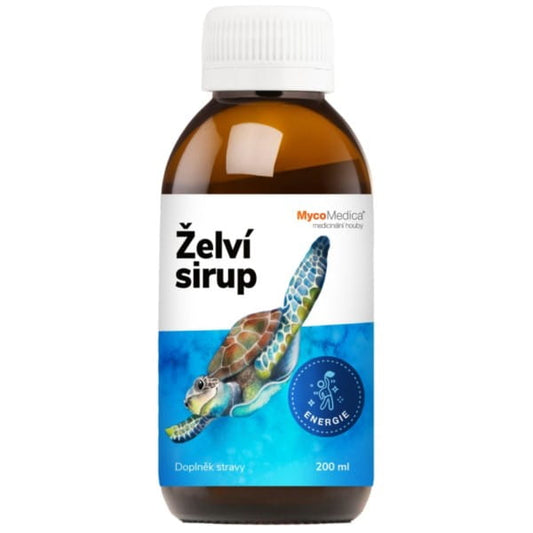 MycoMedica Schildkröten-Sirup für Kinder, 200 ml Flasche mit kindersicherem Verschluss, auf weißem Hintergrund.