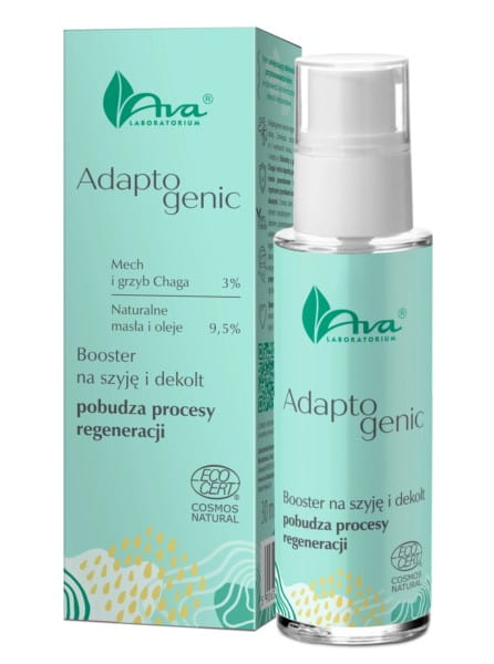 AVA Adaptogenic Booster für Hals und Dekolleté in 30 ml Flasche, zeigt die elegante Verpackung und das Produktdesign.