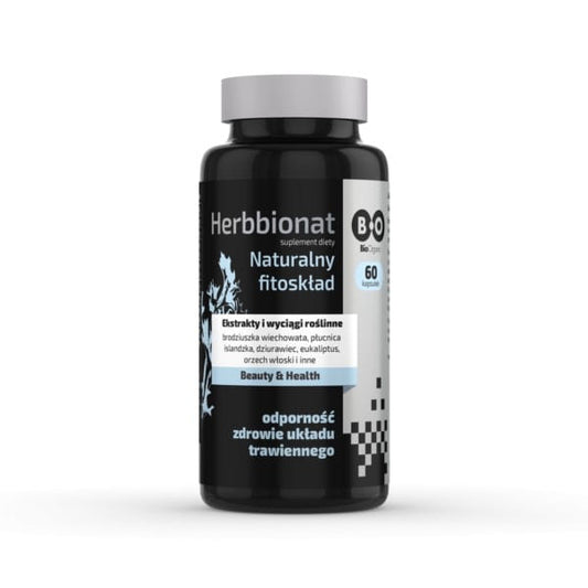 BioOrganic Herbbionate in 60 Kapseln, pflanzliches Nahrungsergänzungsmittel, Nahaufnahme der Kapseln in einer Packung