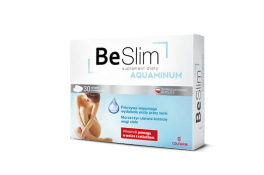 Colfarm Be Slim Aquaminum 30 Tabletten, Nahaufnahme der Tabletten in einer Blisterpackung, gesundes Nahrungsergänzungsmittel.