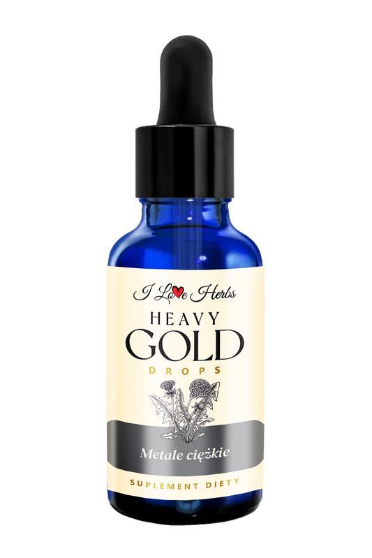 Goldene Tropfenflasche von I LOVE HERBS mit "Heavy" Schwermetalle-Produkt, 50 ml, flüssiges Nahrungsergänzungsmittel in goldener Verpackung