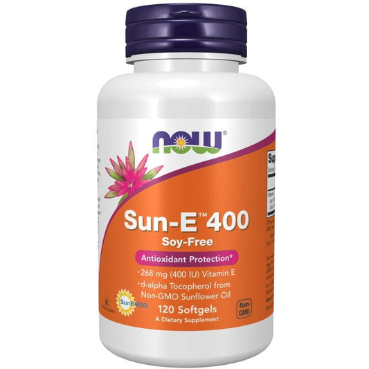 Vegane Vitamin E Sun-E 400 Kapseln von NOW FOODS, 120 Stück, für antioxidativen Schutz, sichtbare Kapseln in der Dose