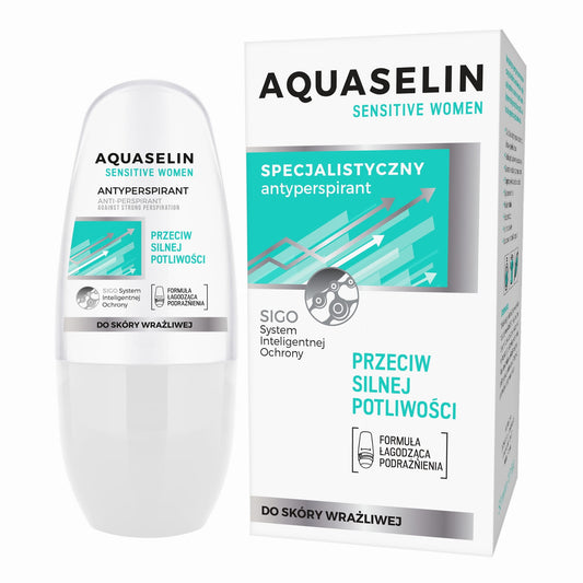 AQUASELIN Sensitive Damen Anti-Transpirant Roll-on gegen starkes Schwitzen, 50 ml, Nahaufnahme der Flasche