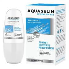 Aquaselin Extreme Men Roll-on Antitranspirant gegen Schwitzen, 50 ml, zeigt die Flasche mit Roll-on-Kopf und Verpackung