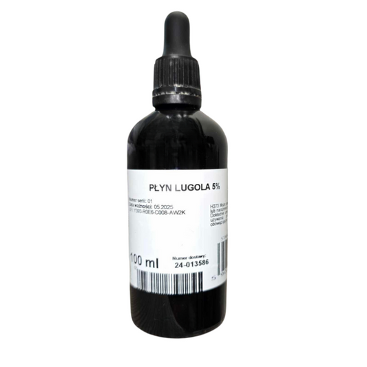 STANLAB Lugolsche Flüssigkeit 5% in 100 ml Flasche, dunkelbraune Flüssigkeit mit Dosierungszubehör.