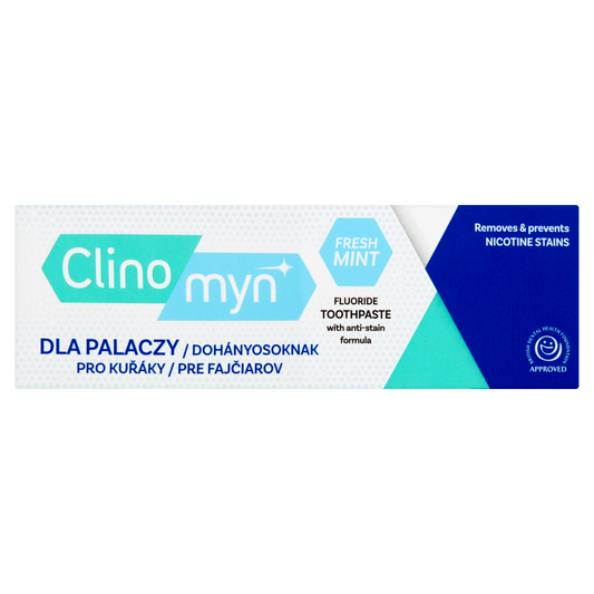 Zahnpasta für Raucher, TRIMB Clinomyn, 75 ml, weiße Tube mit blauer Beschriftung, für Zahnpflege bei Rauchern