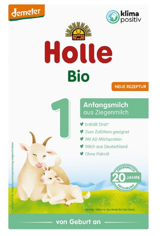 Bio Ziegenmilch für Babys nach 6 Monaten von HOLLE, 400 g, zeigt die Verpackung mit Ziegenmilchdose und Holle-Logo.