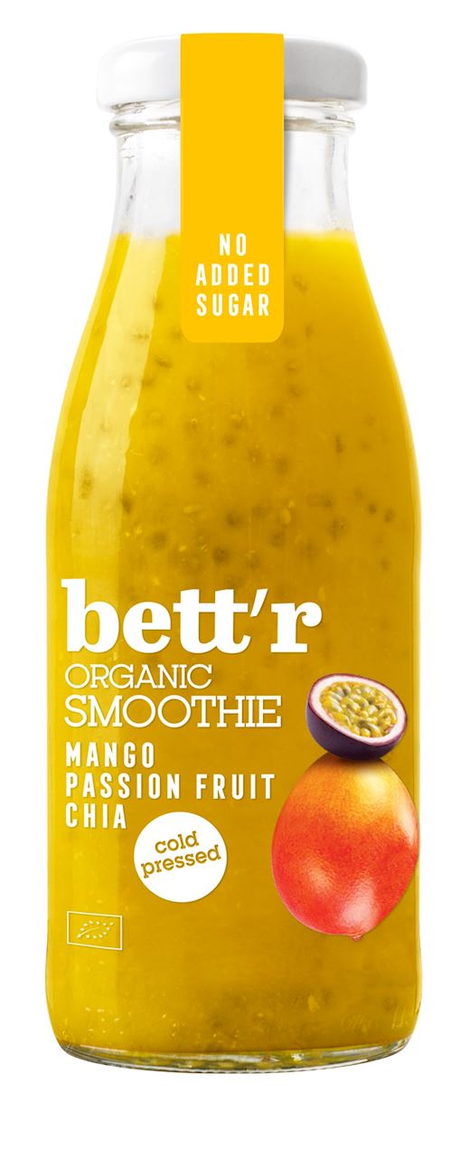 Kaltverpackter Bio Smoothie mit Mango, Maracuja und Chia von BETT'R, 250 ml, cremige Fruchtmischung in Glasflasche