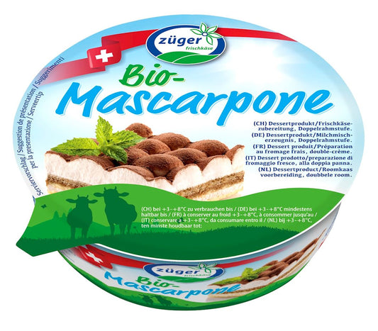 Bio Mascarpone mit Vanillegeschmack von ZUGER, 250 g, cremige Vanillecreme in Packung sichtbar