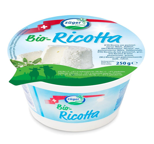 Bio Ricotta Käse von Zuger, 250 g, cremige italienische Frischkäsecreme in Packung, ideal für Pasta und Desserts