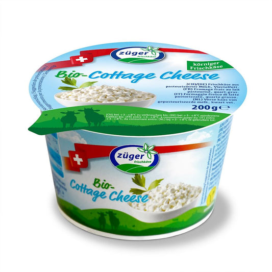 Bio Hüttenkäse von ZUGER in 200 g Packung, cremige Textur und frischer Look, ideal für gesunde Mahlzeiten.
