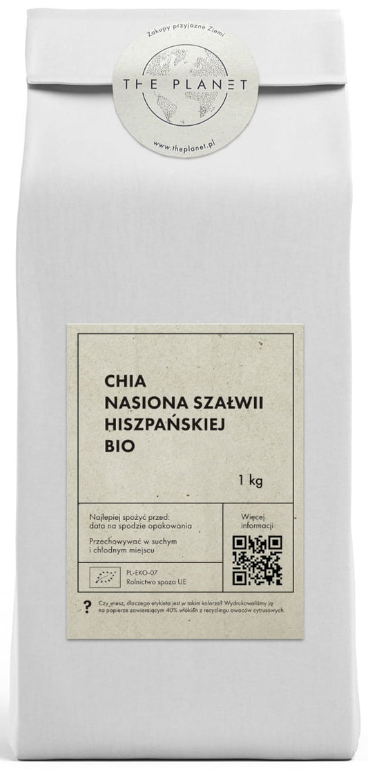 Bio Chia-Samen von THE PLANET, spanische Shadla-Samen in 1 kg Packung, nährstoffreich und vielseitig verwendbar.