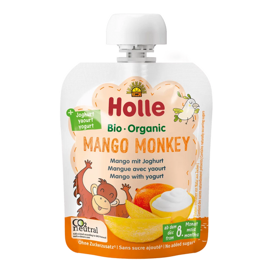 Bio Mango-Joghurt-Museums ohne Zuckerzusatz für 8 Monate, 85 g, von HOLLE, zeigt das Produkt in der Verpackung