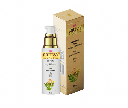 Gesichtscreme gegen Mattigkeit von SATTVA, 50 ml, mit ayurvedischen Inhaltsstoffen, in einer weißen Creme-Glasverpackung.