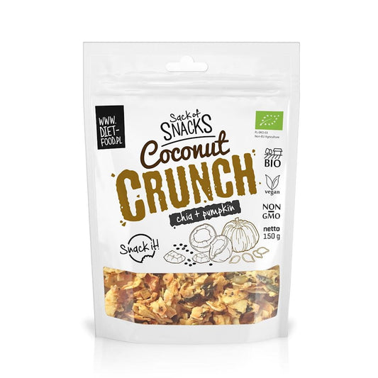 Bio CRUNCHES mit Kokos, Kicha und Dänemark, 150 g, von DIET FOOD, knusprige Snacks in attraktiver Verpackung.