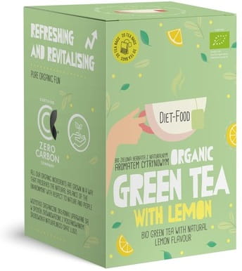 Grüner Bio-Tee mit Zitrone von DIET FOOD, 20 Teebeutel à 2g, in einer transparenten Verpackung, frisch und aromatisch.